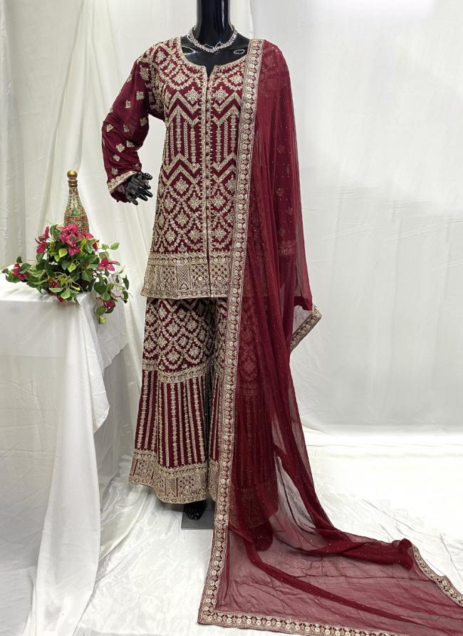 Chiffon Maroon Traditional Wear Hand Work Readymade Plazzo Suit